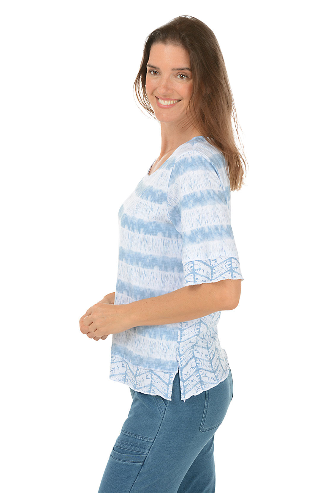 Striped Lettuce Trim Elbow Sleeve Tee