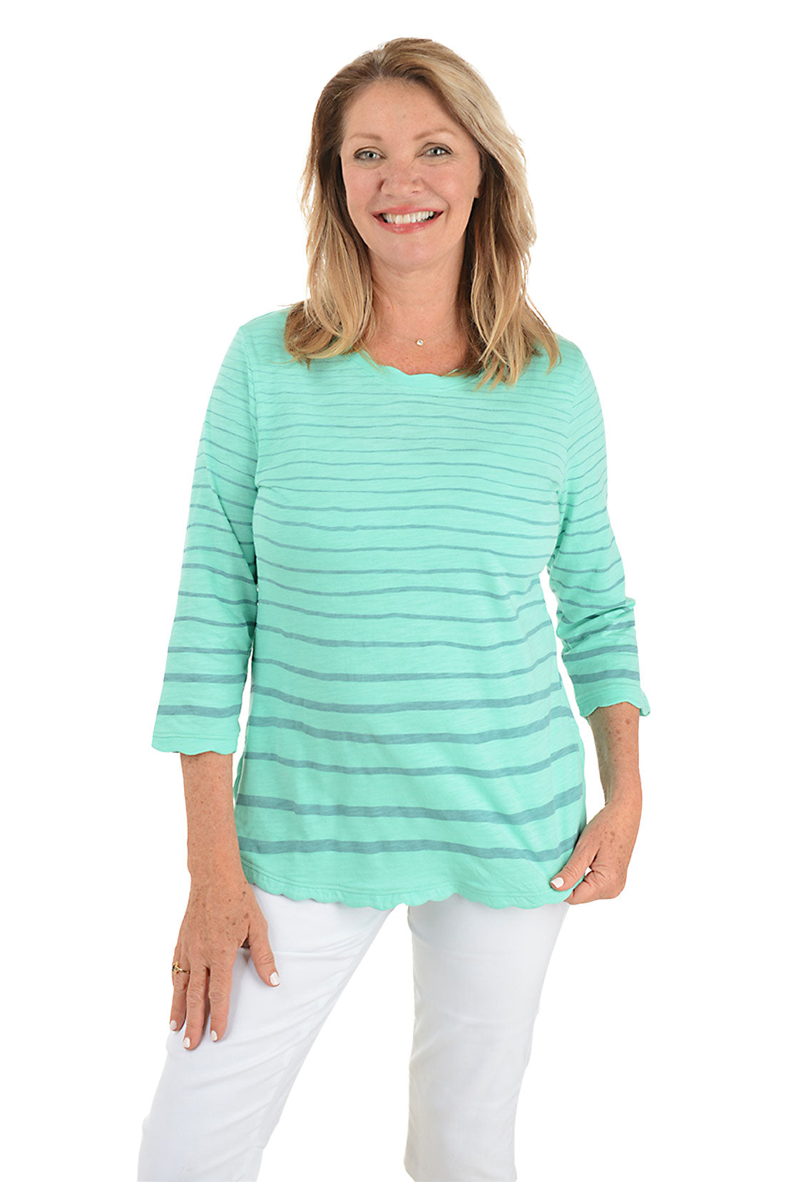 Scalloped Trim Striped Knit Top