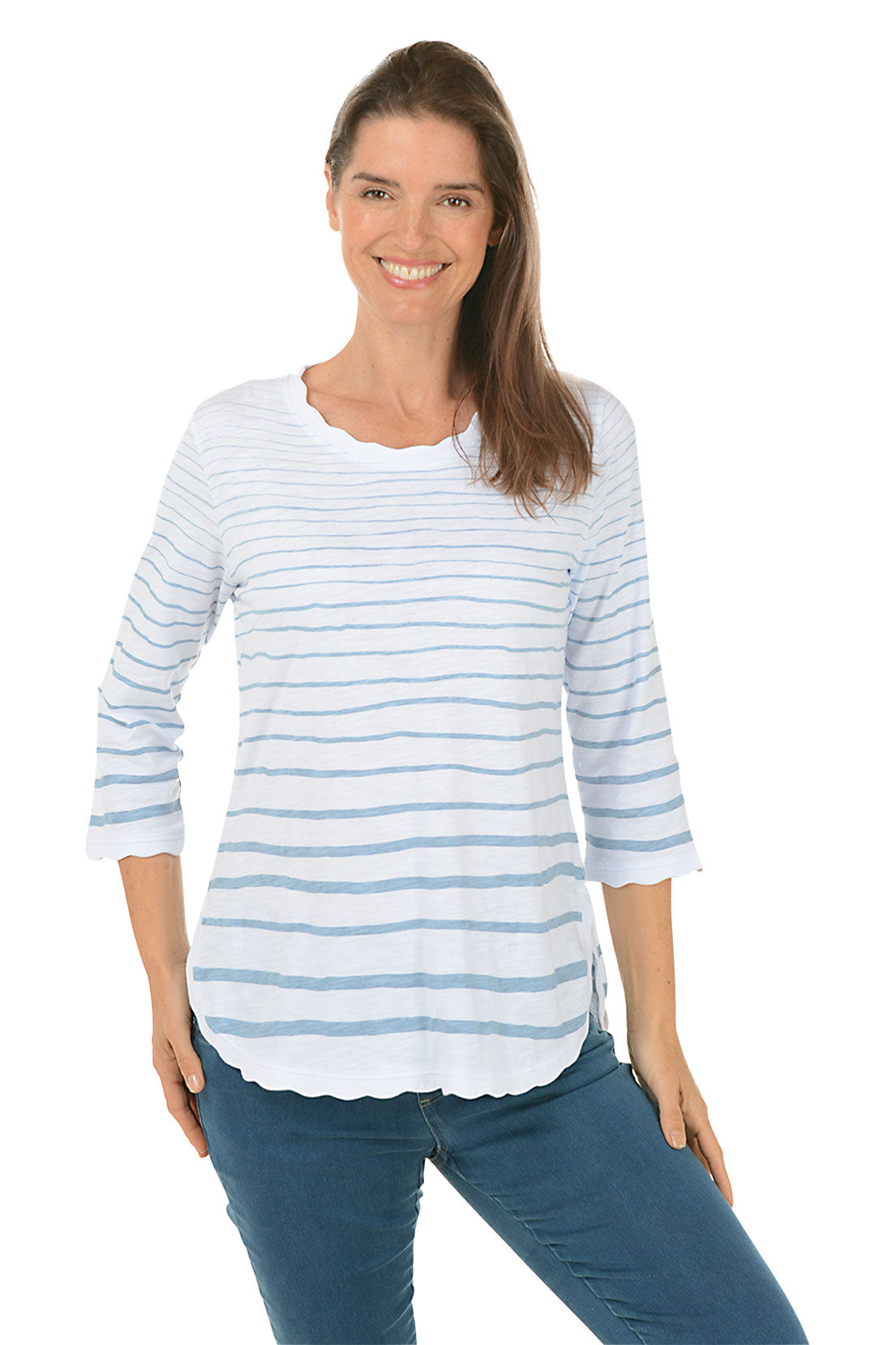 Scalloped Trim Striped Knit Top