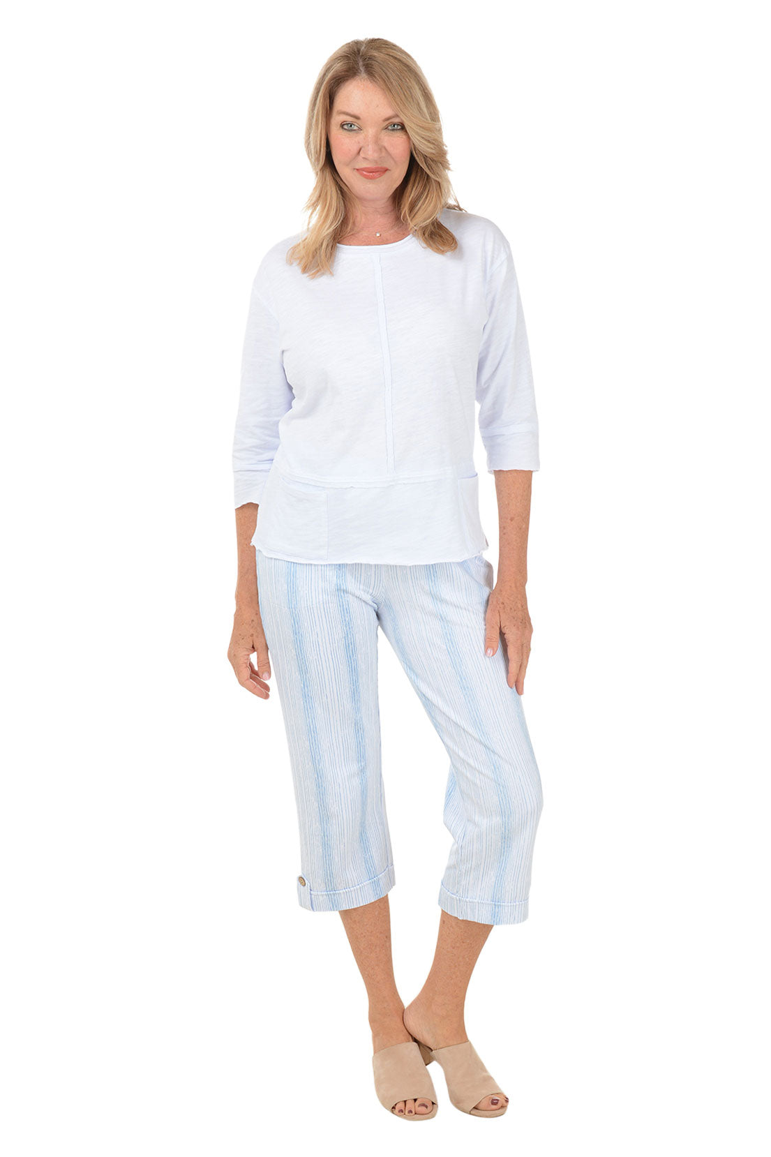 Striped Button Tab Cuff Capri Pant