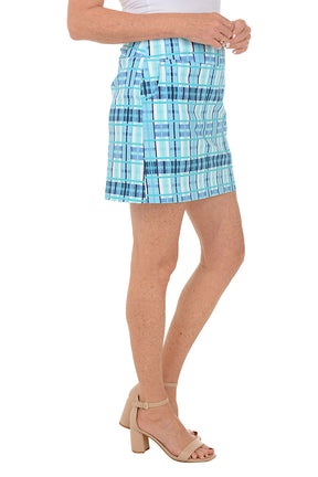 Turquoise Plaid Pull-On Skort