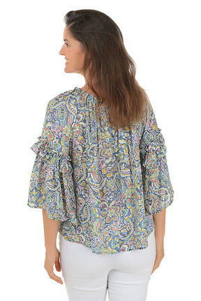 Floral Paisley Ruffled Bell Sleeve Blouse