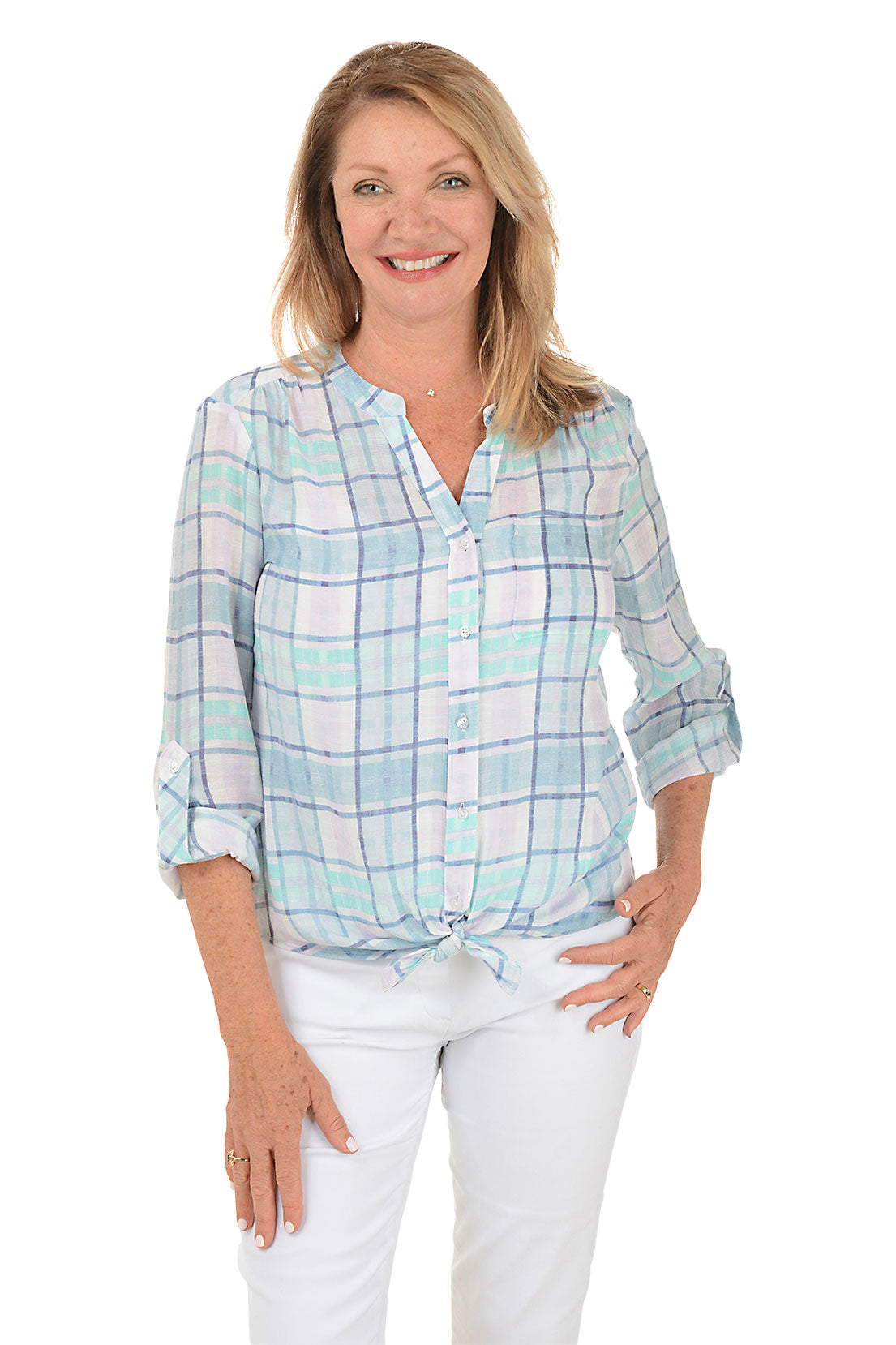 Orchid Plaid Button-Front Blouse