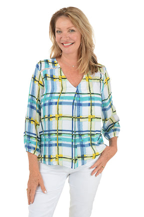 Plaid Crepe V-Neck Blouse