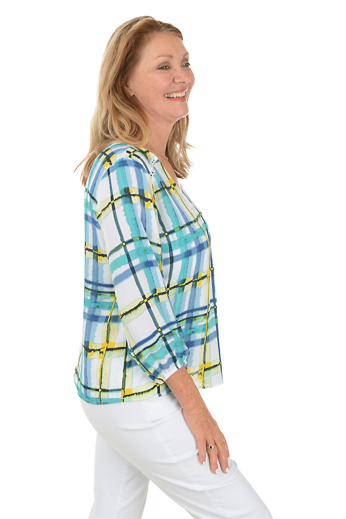 Plaid Crepe V-Neck Blouse