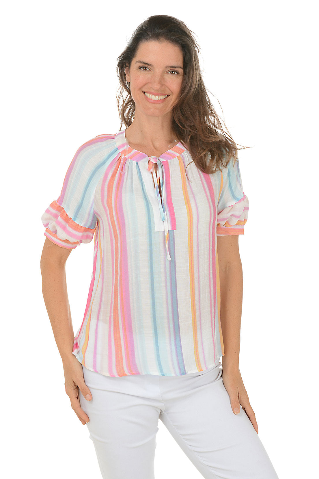 Fuchsia Striped Short Sleeve Blouse