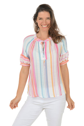 Fuchsia Striped Short Sleeve Blouse